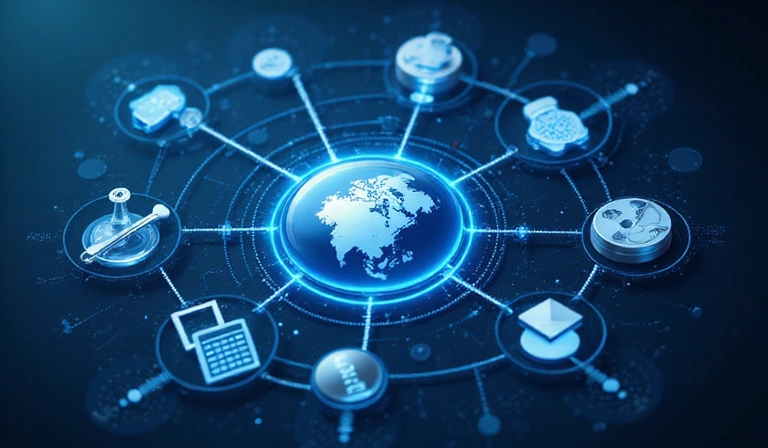 Icone digitali interconnesse che rappresentano scienza, dati, personalizzazione e strumenti